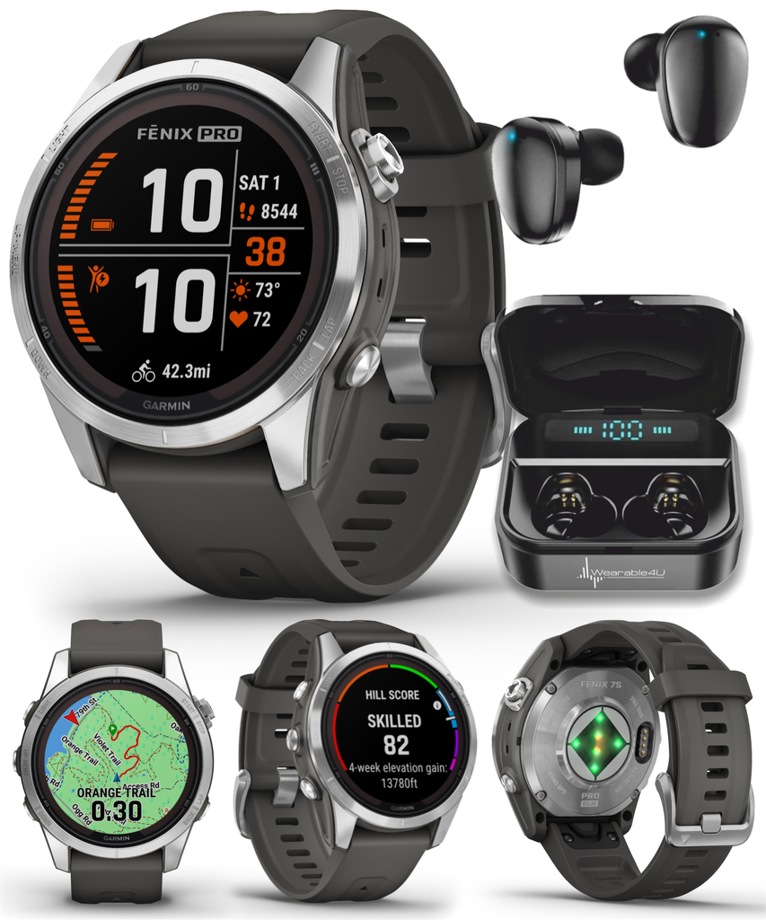  Wearable4U Garmin Fenix 7 47 mm Multisport GPS Touchscreen  Smartwatch, Silver with Graphite Band, 33 mm. Display Black Earbuds Bundle  : Electronics