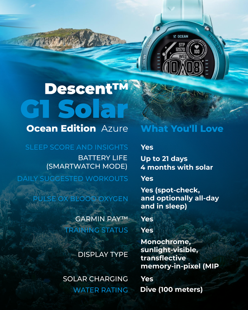 Garmin Descent G1 Solar - Ocean Edition GPS Smartwatch Watch-Style and Dive Computer Azure (010-02604-04)