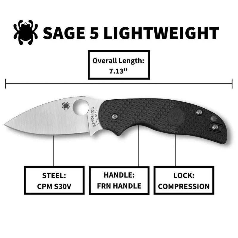 Spyderco Sage 5 Lightweight 3" Plain Edge Pocket Folding Knife (C123PBK)