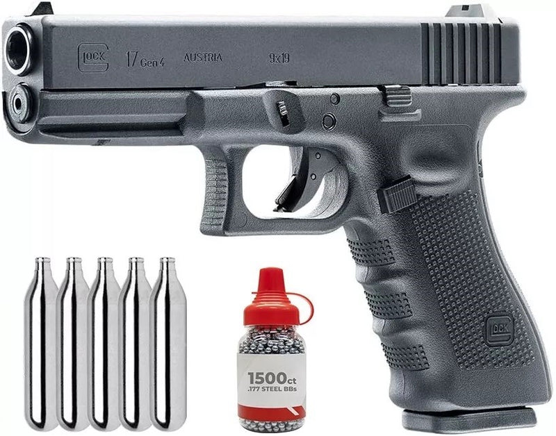 Umarex GLOCK 17 Gen4 Blowback .177 Cal CO2 Air Pistol with 5x12 CO2 Tanks and Pack of 1500ct BBs Bundle (Black)