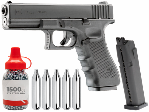 Umarex GLOCK 17 Gen4 Blowback .177 Cal CO2 Air Pistol with Pack of 1500ct BBs and Pack of 5x12 gram CO2 Tanks ad Extra Mag Bundle (Black)