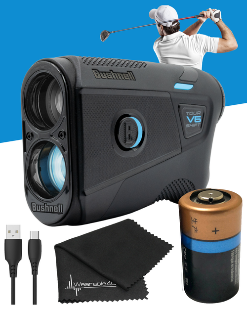 Bushnell Tour V6 Shift Black Laser Golf Rangefinder with Carrying Case, Lens Cloth, CR2 Batteries | Wearable4U Bundle