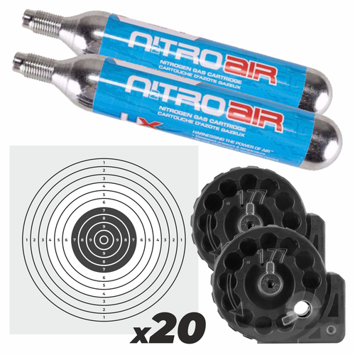 Umarex Nitroair Prefilled Nitrogen Cartridges 3600psi (2pk) with .177 Cal Air Rifle 12-Shot Mags and Targets Bundle