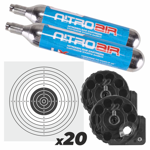 Umarex Nitroair Prefilled Nitrogen Cartridges 3600psi (2pk) with .22 Cal Air Rifle Mags and Targets Bundle