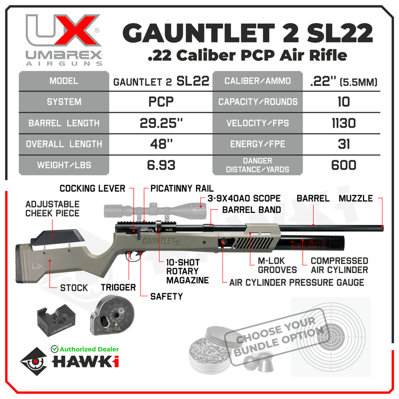 Umarex Gauntlet 2 SL22 .22 Caliber PCP Side Lever Air Rifle (2254832)