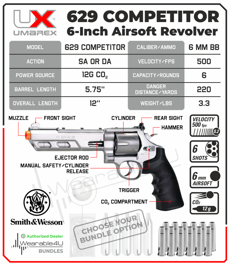 Umarex Smith & Wesson 629 Competitor 6-inch 6mm CO2 Airsoft Pistol (2275918) with Wearable4U Bundle