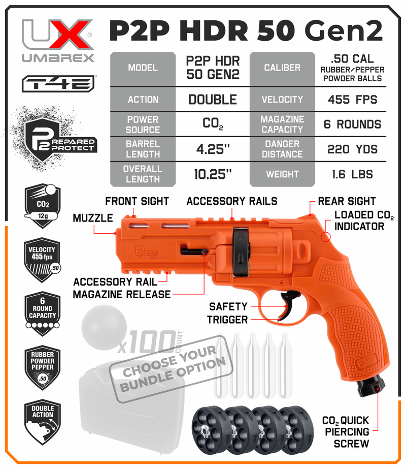 Umarex T4E P2P HDR 50 GEN 2 .50 Caliber, Self-Defense, Home-Defense Launcher (13J, 455fps, Orange, Limited Edition)