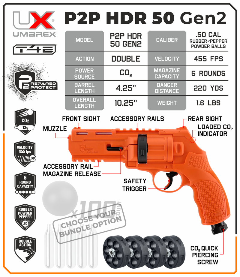 Umarex T4E P2P HDR 50 GEN 2 .50 Caliber, Self-Defense, Home-Defense Launcher (13J, 455fps, Orange, Limited Edition)