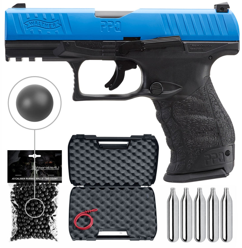 Umarex T4E .43 Cal Walther PPQ Paintball Pistol (2292104) with 5x12 g CO2 Tanks and Pack of 100 .43 cal Rubber Balls Bundle