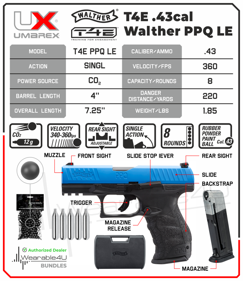 Umarex T4E .43 Cal Walther PPQ Paintball Pistol (2292104) with 5x12 g CO2 Tanks and Pack of 100 .43 cal Rubber Balls Bundle