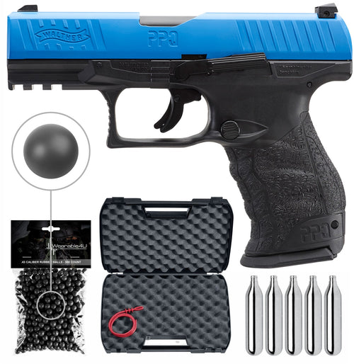 Umarex T4E .43 Cal Walther PPQ Paintball Pistol (2292104) with 5x12 g CO2 Tanks and Pack of 500 .43 cal Rubber Balls Bundle