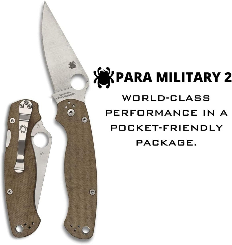 Spyderco Para Military 2 CPM CRU-WEAR Micarta 3.47" Plain Edge Folding Pocket Knife (C81MPCW2)