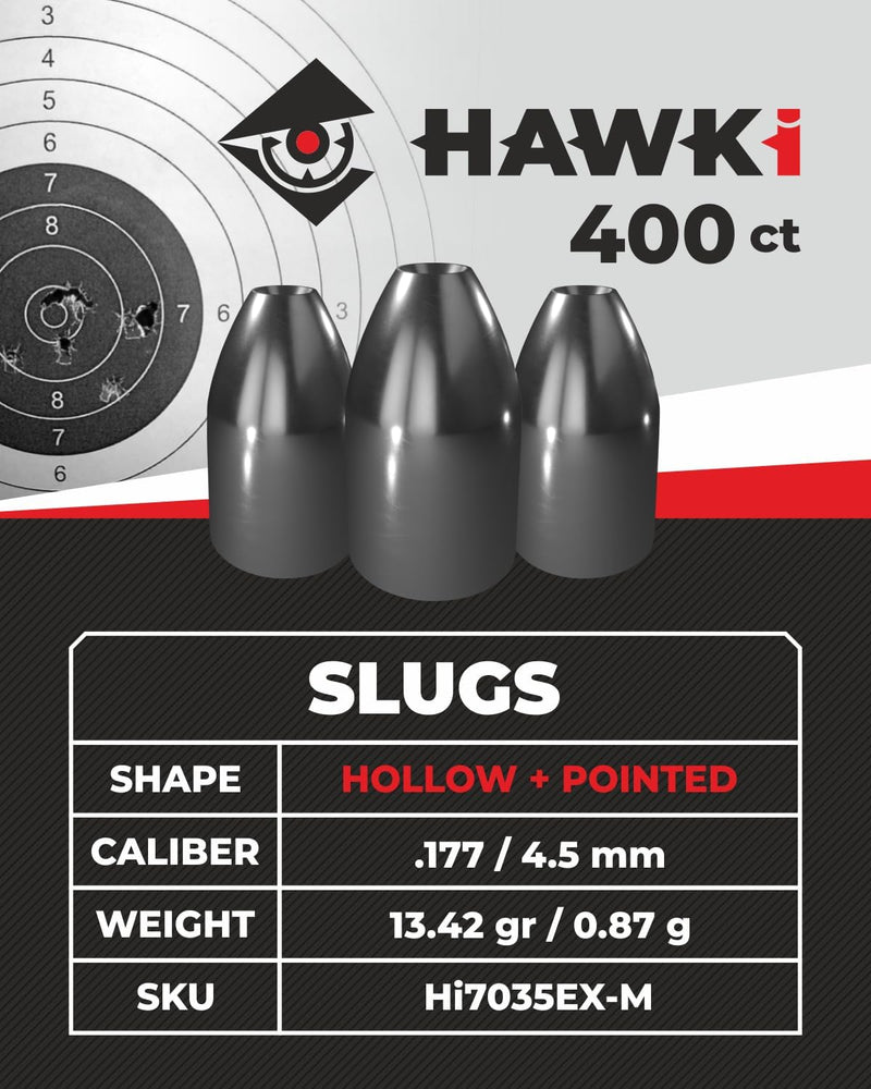 Hawki Airgun Pellets Slug Medium Holow Point .177 Cal / 4.5mm Caliber (13.42 gr/0.87 g) 400 ct (Hi7035EX-M)