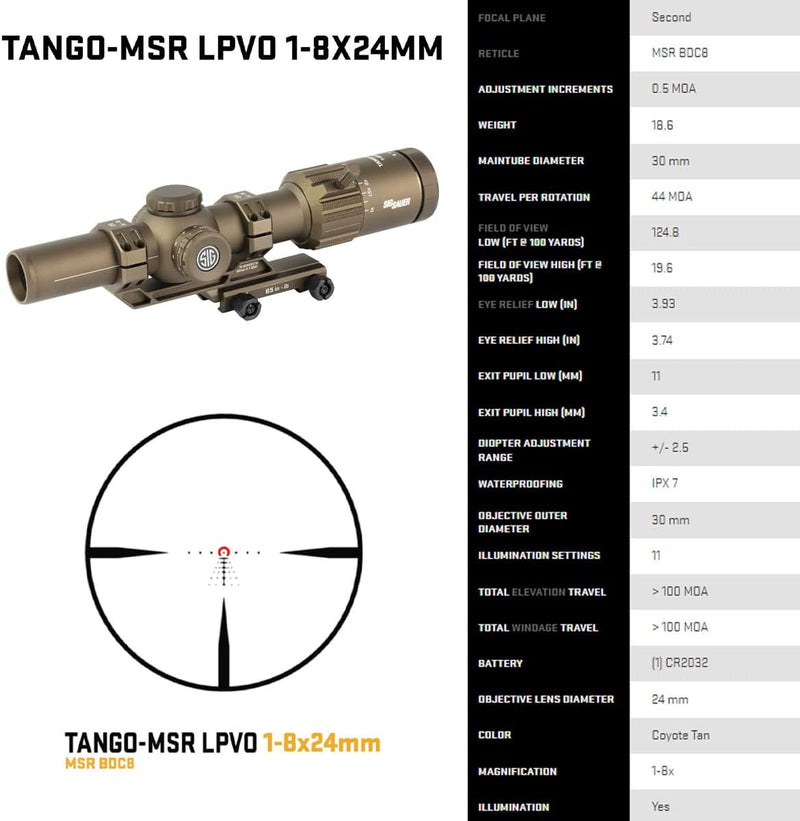 Sig Sauer Tango-MSR LPVO 1-8x24mm SFP Riflescope Waterproof Shockproof with 30mm Maintube, Illuminated Reticle, Lens Covers & Cantilever Mount, Coyote Tan (SOTM81200)