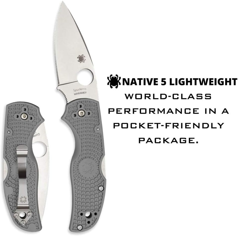 Spyderco Native 5 FRN Grey Maxamet Lightweight 2.95" Plain Edge Folding Pocket Knife (C41PGY5)