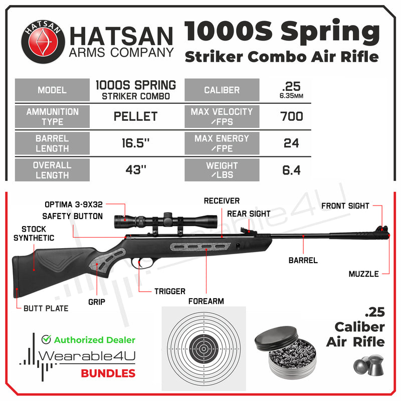Hatsan 1000S Spring Striker Combo .25 Caliber Break Barrel Air Rifle with Pack of 150ct Pellets and 100x Paper Targets Bundle