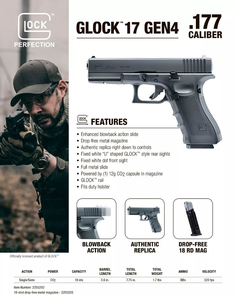 Umarex GLOCK 17 Gen4 Blowback .177 Cal CO2 Air Pistol with 5x12 CO2 Tanks and Pack of 1500ct BBs Bundle (Black)