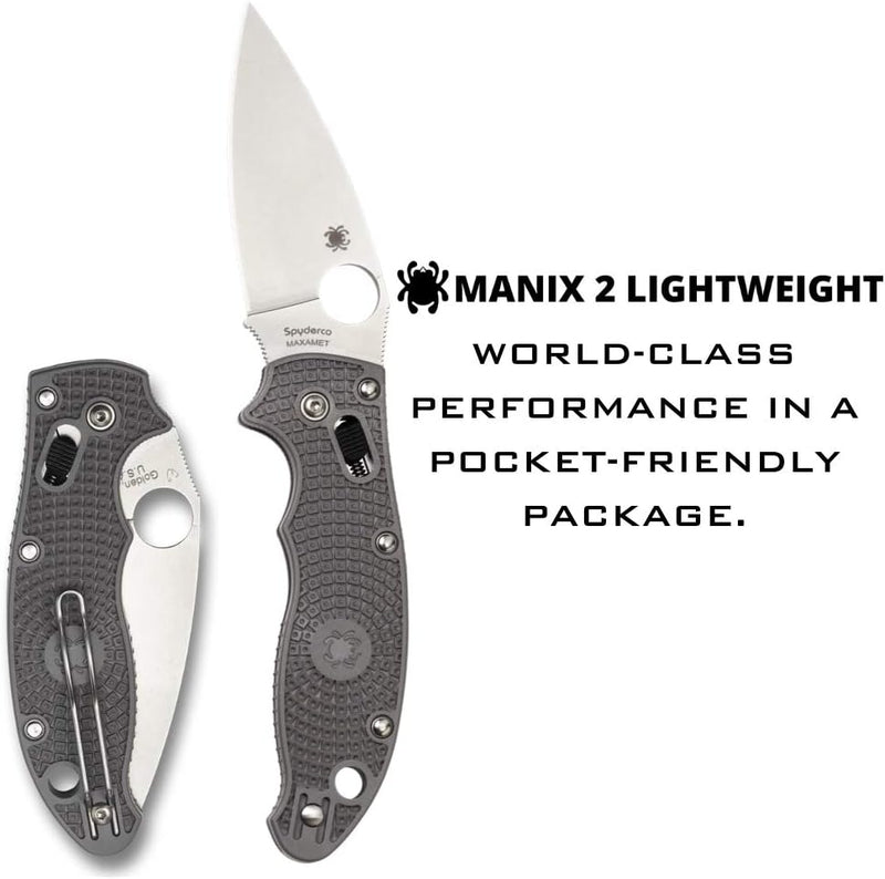 Spyderco Manix 2 Lightweight FRCP Gray Maxamet 3.37" Plain Edge Folding Pocket Knife (C101PGY2)