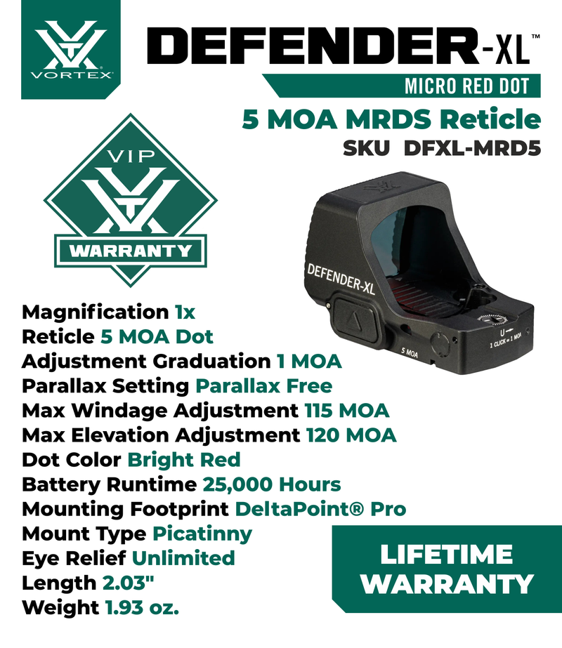 Vortex Optics Defender-XL Micro Waterproof 5 MOA Red Dot Sight (DFXL-MRD5)