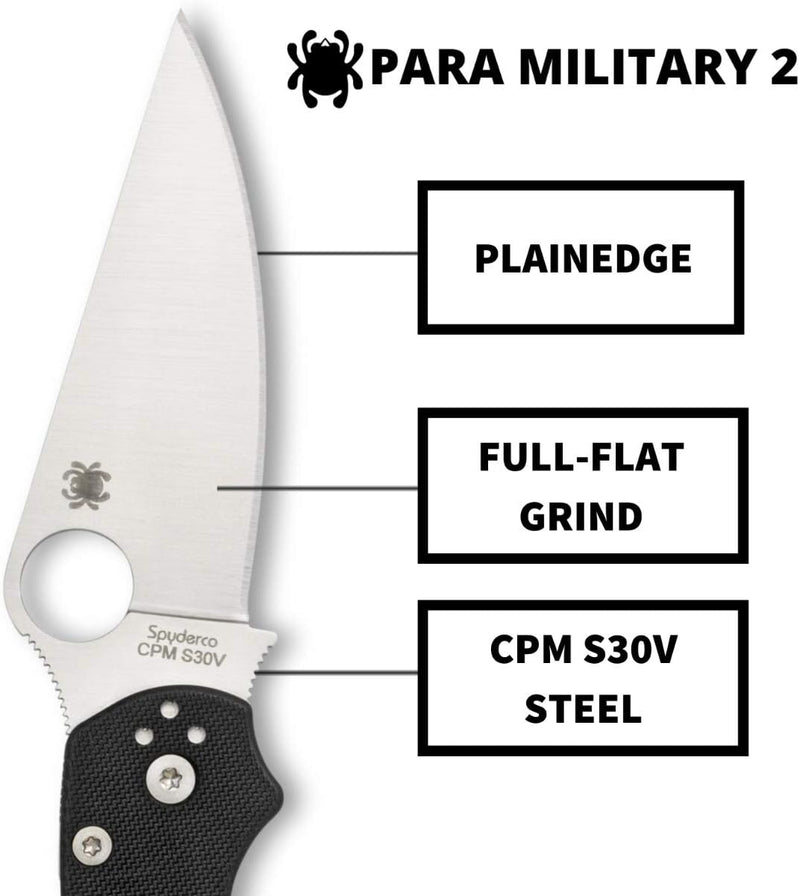 Spyderco ParaMilitary 2 Left Hand Black G-10 3.45" Plain Edge Folding Pocket Knife (C81GPLE2)