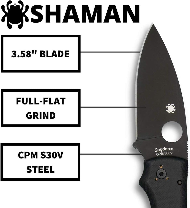 Spyderco Shaman G-10 Black 3.58" Plain Edge Folding Pocket Knife (C229GPBK)