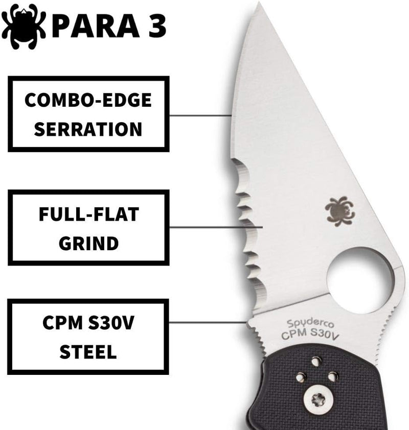 Spyderco Para 3 G-10 Black CPM S45VN 2.93" Combination Edge Folding Pocket Knife (C223GPS)