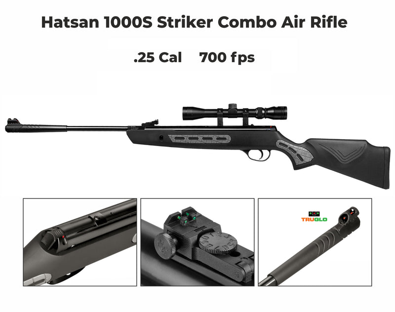 Hatsan 1000S Spring Striker Combo .25 Caliber Break Barrel Air Rifle with Pack of 150ct Pellets and 100x Paper Targets Bundle