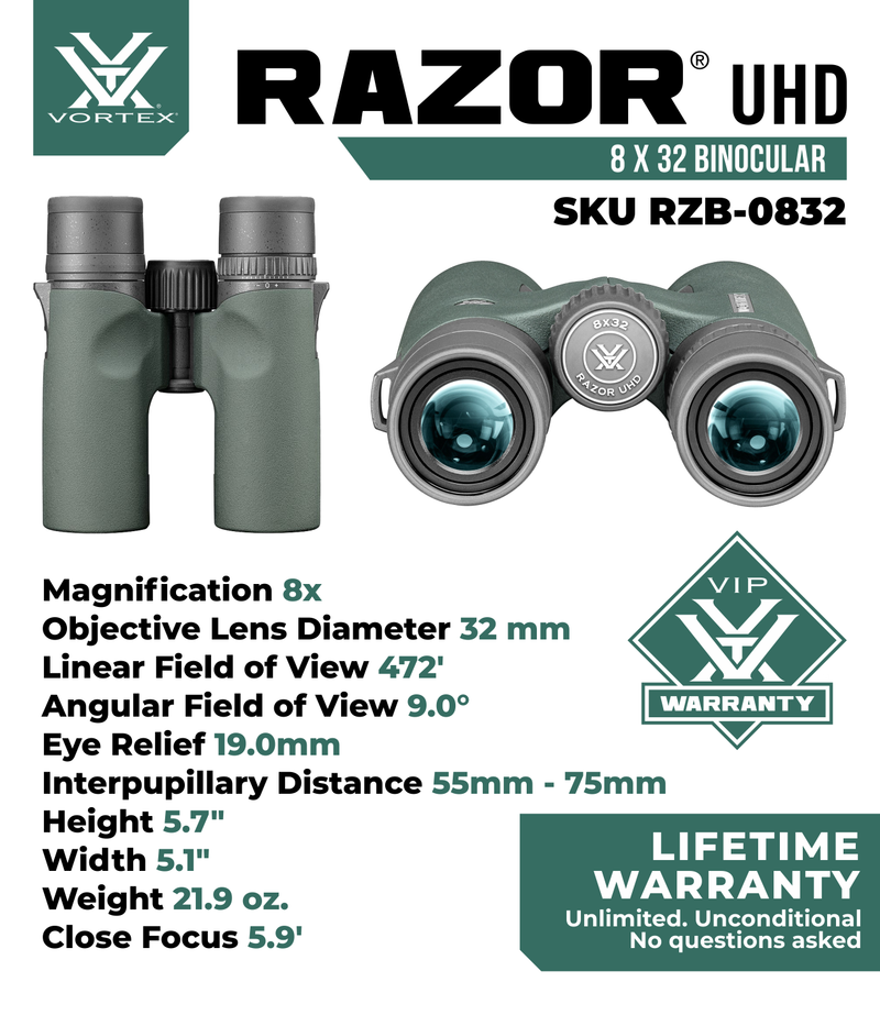 Vortex Optics Razor UHD 8x32 Binoculars & GlassPak Pro Binocular Harness (RZB-0832)