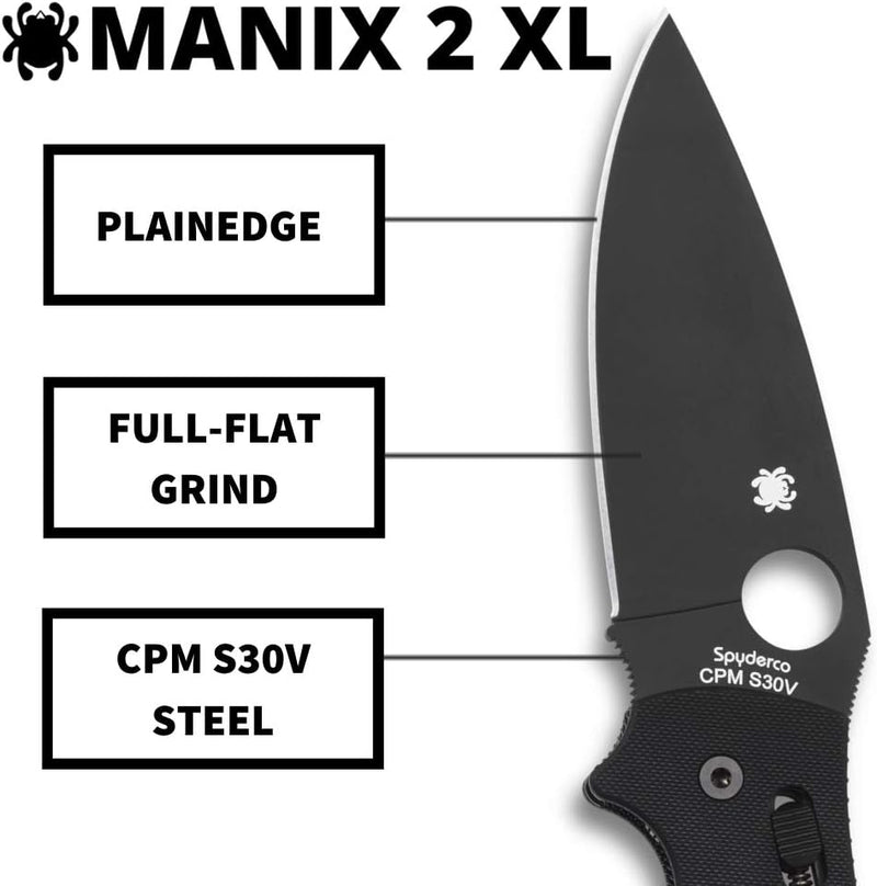 Spyderco Manix 2 XL Black G-10 Blade 3.85" Plain Edge Folding Pocket Knife (C95GPBBK2)