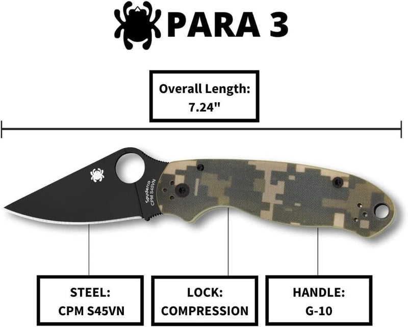 Spyderco Para 3 G-10 Digital Camo Black Blade 2.93" Plain Edge Folding Pocket Knife (C223GPCMOBK)