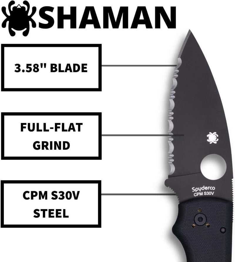 Spyderco Shaman G-10 Black 3.58" Plain Edge Folding Pocket Knife (C229GSBK)