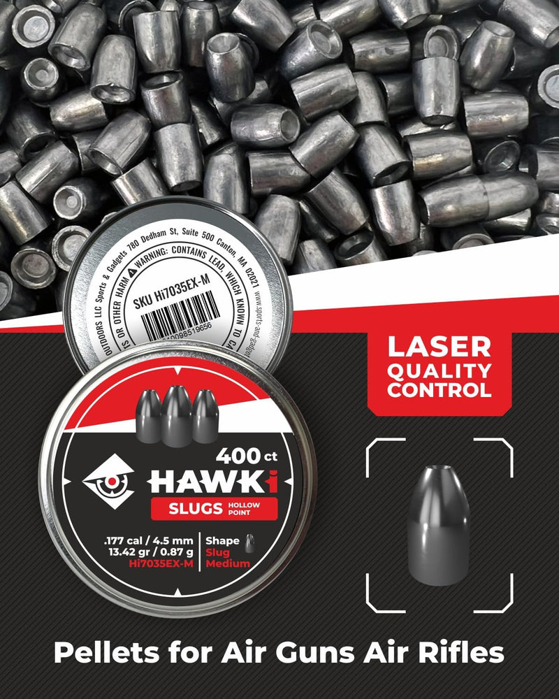 Hawki Airgun Pellets Slug Medium Holow Point .177 Cal / 4.5mm Caliber (13.42 gr/0.87 g) 400 ct (Hi7035EX-M)