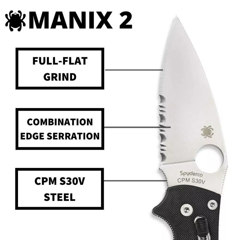 Spyderco Manix 2 Black G-10 CombinationEdge 3.37" Folding Pocket Knife (C101GPS2)