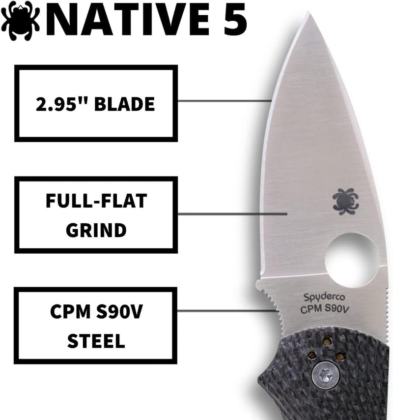 Spyderco Native 5 Fluted Carbon Fiber CPM S90V(420V) 2.95" Plain Edge Folding Pocket Knife (C41CFFP5)