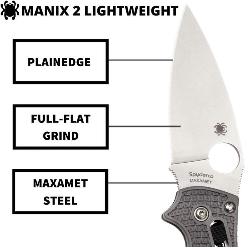 Spyderco Manix 2 Lightweight FRCP Gray Maxamet 3.37" Plain Edge Folding Pocket Knife (C101PGY2)