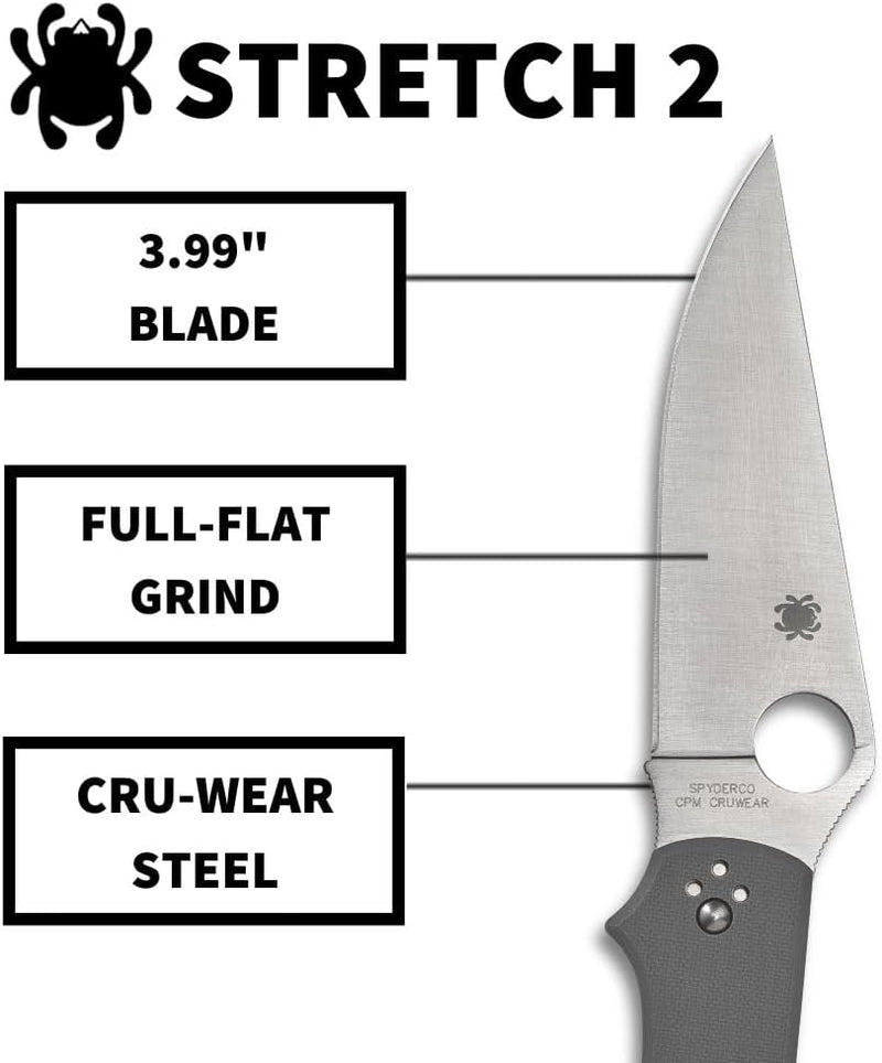 Spyderco Stretch 2 XL Gray G-10 CPM Cru-Wear 3.99" Plain Edge Folding Pocket Knife (C258GPGYCW)