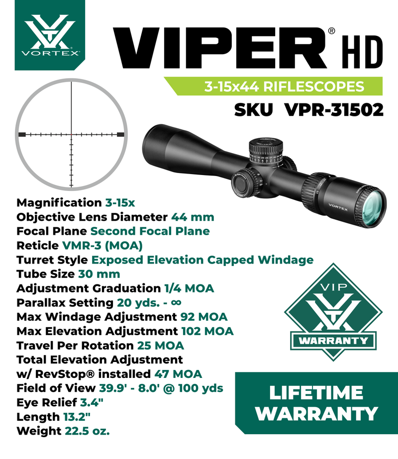 Vortex Optics Viper HD 3-15x44 SFP VMR-3 (MOA) 30mm Tube Riflescope (VPR-31502)