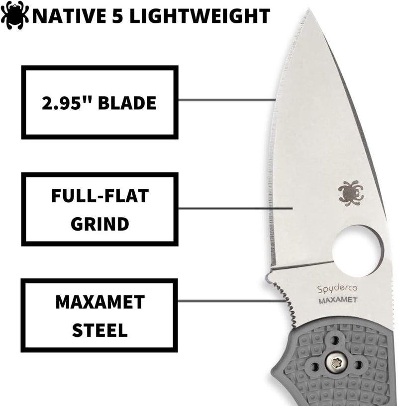 Spyderco Native 5 FRN Grey Maxamet Lightweight 2.95" Plain Edge Folding Pocket Knife (C41PGY5)