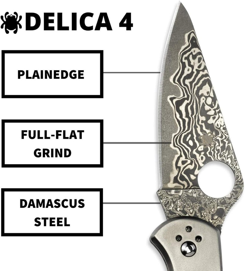 Spyderco Delica 4 Titanium / Damascau VG-10 2.9" Plain Edge Folding Pocket Knife (C11TIPD)