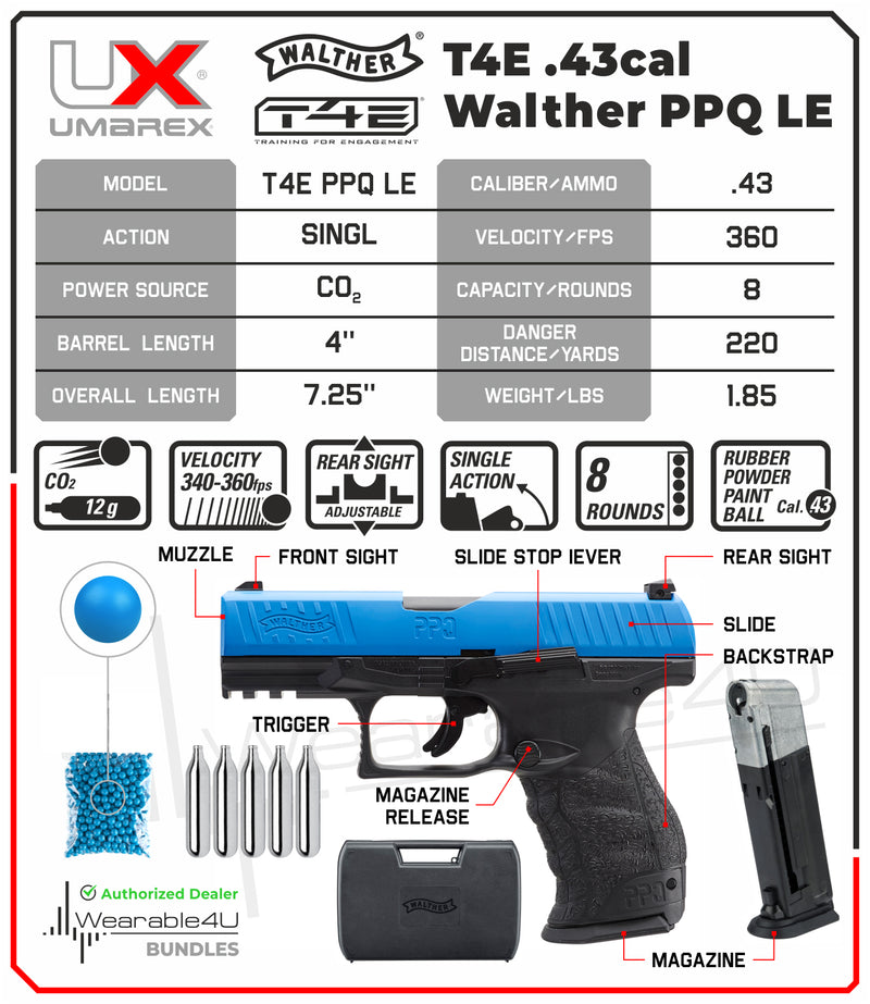 Umarex T4E .43 Cal Walther PPQ Paintball Pistol (2292104) with 5x12 g CO2 Tanks and Pack of 100 .43 cal Paintballs Bundle