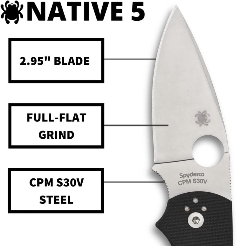 Spyderco Native 5 G-10 Black 2.95" Plain Edge Folding Pocket Knife (C41GP5)