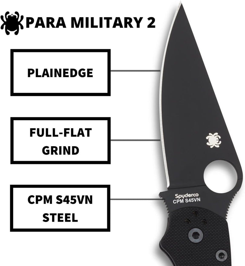 Spyderco Para Military 2 Black 3.45" Plain Edge Folding Pocket Knife (C81GPBK2)