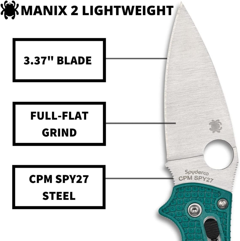 Spyderco Manix 2 Lightweight CPM SPY27 3.37" Mineral Blue Plain Edge Folding Pocket Knife (C101PCBL2)