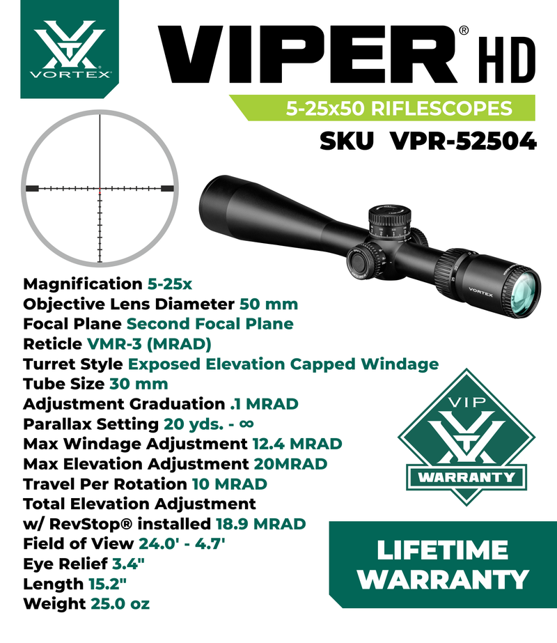 Vortex Optics Viper HD 5-25x50 SFP VMR-3 MRAD Riflescope (VPR-52504)