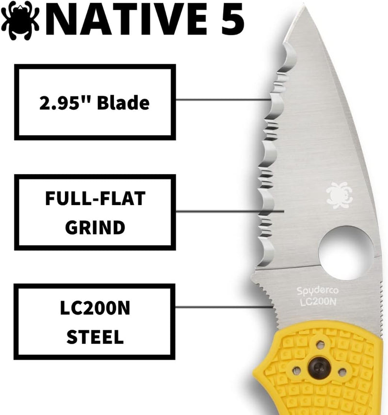 Spyderco Native 5 Salt Yellow FRN Handle 2.95" SpyderEdge Folding Pocket Knife (C41SYL5)