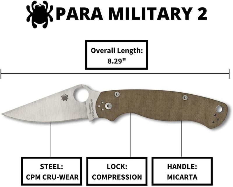 Spyderco Para Military 2 CPM CRU-WEAR Micarta 3.47" Plain Edge Folding Pocket Knife (C81MPCW2)