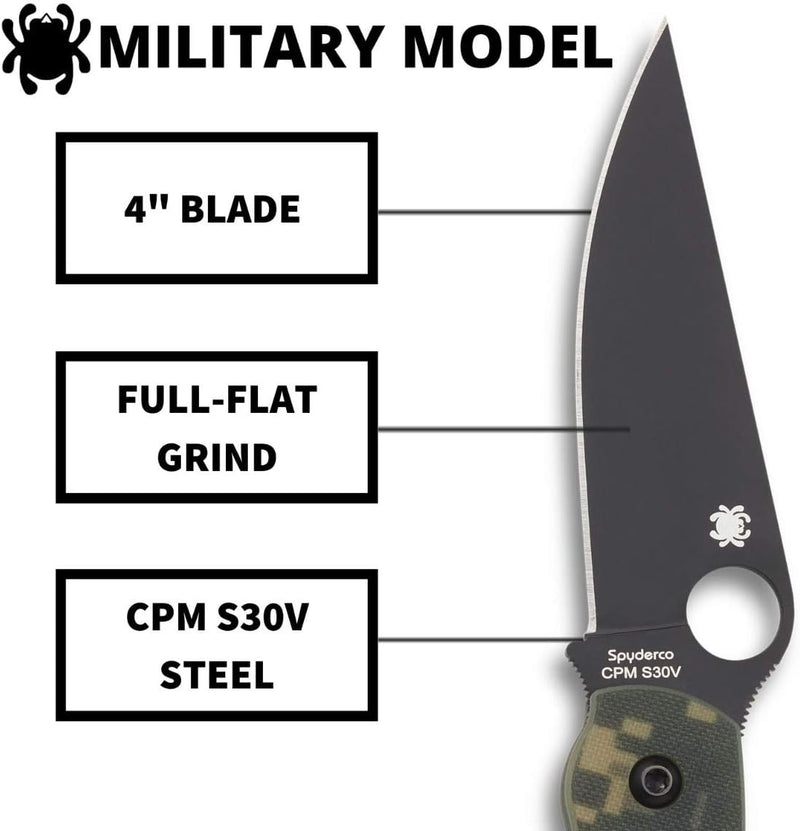 Spyderco MilitaryModel G-10 Camo/Black Blade 4" Plain Edge Folding Pocket Knife (C36GPCMOBK)