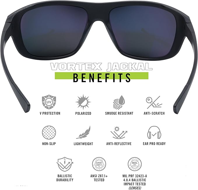 Vortex Optics Jackal Sunglasses UV Protection, Polarized, Ballistic Rated, Black/Smoke - No Mirror (EJA-BKS)