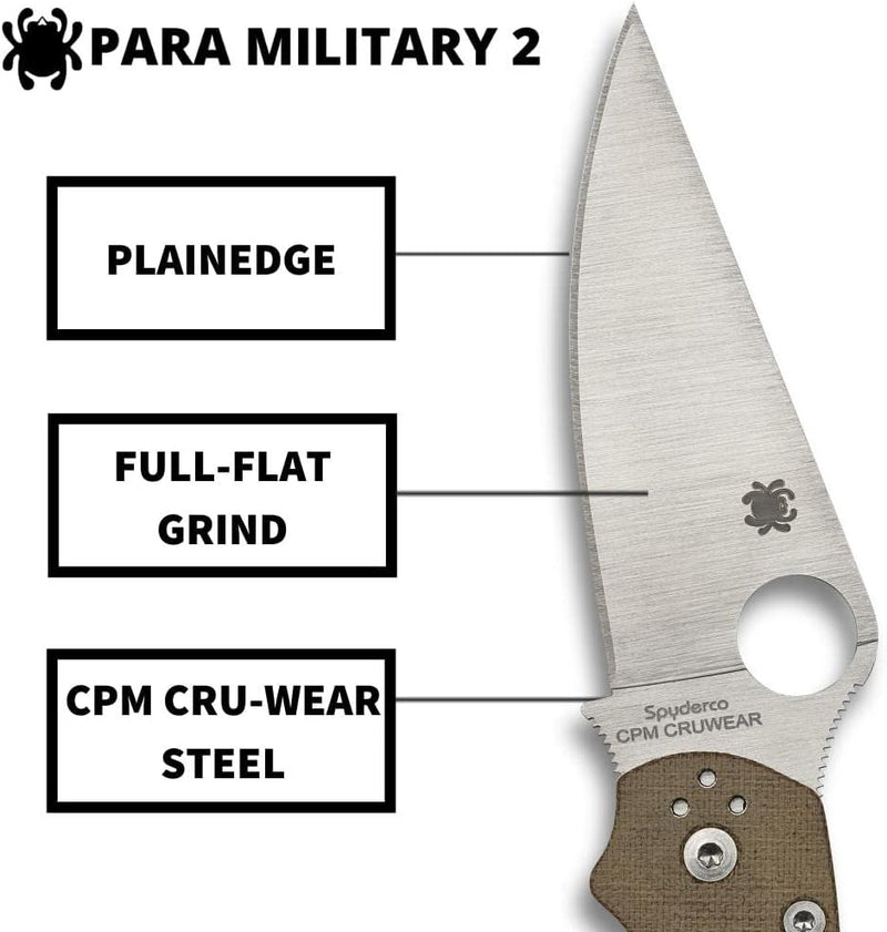 Spyderco Para Military 2 CPM CRU-WEAR Micarta 3.47" Plain Edge Folding Pocket Knife (C81MPCW2)