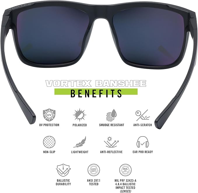 Vortex Optics Banshee Sunglasses UV Protection Polarized Ballistic Rated, Black/Smoke - No Mirror (EBA-BKS)